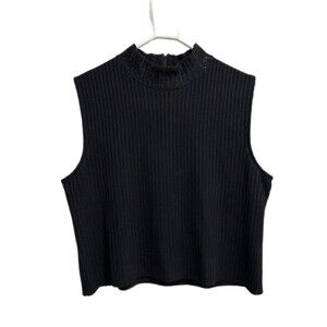 St. John Rib Knit Mock Neck Sleeveless Top Shimmer Collar Black Sz 16